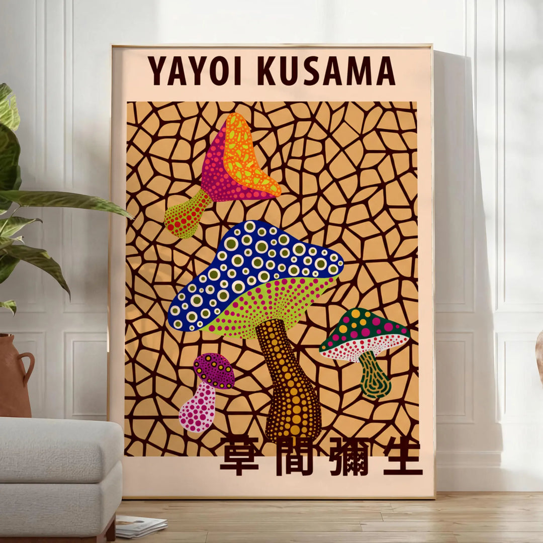 Krāsains sēņu plakāts, iedvesmots no Yayoi Kusama, pieejams dažādos izmēros, lieliski piemērots mājas dekoram