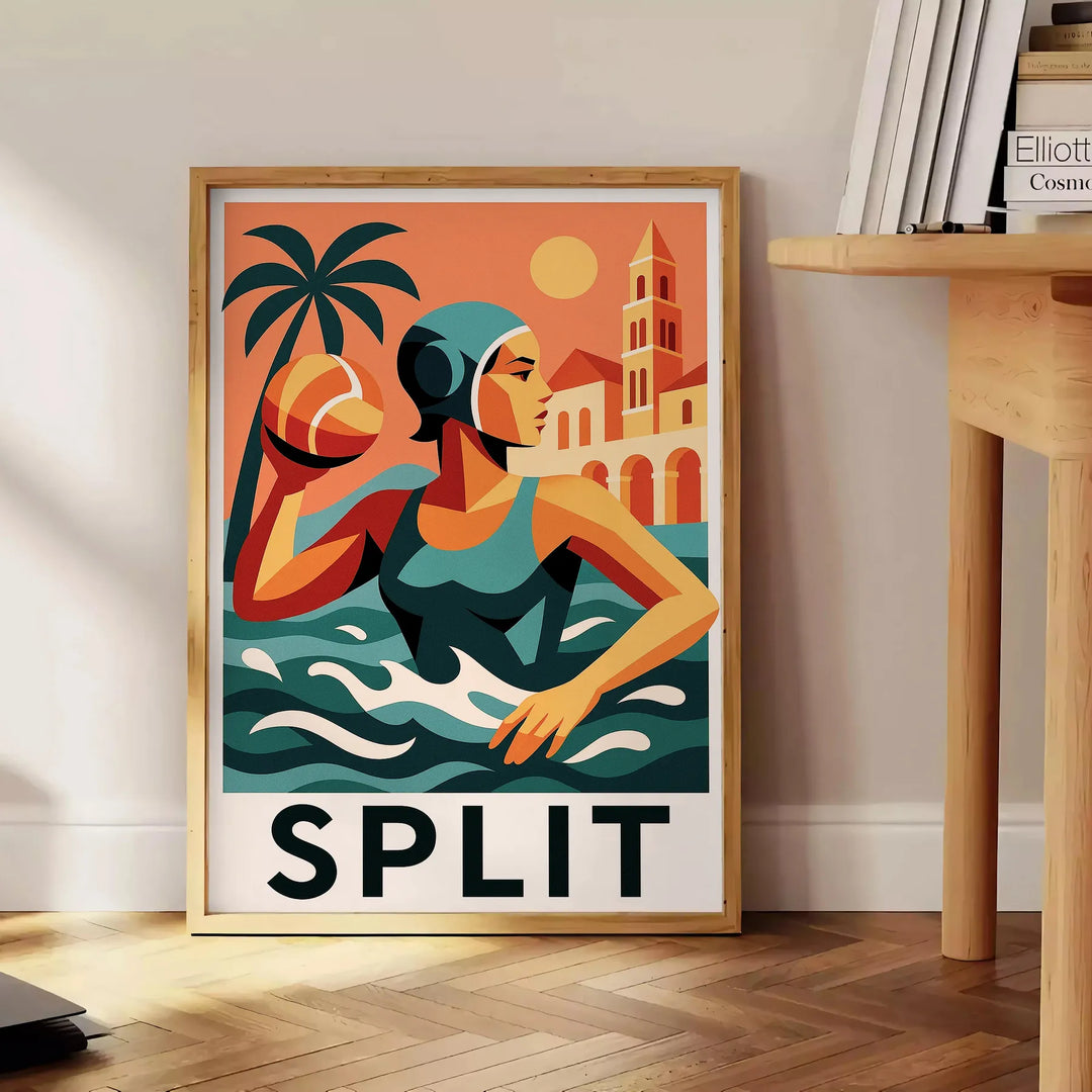 水球スポーツポスター '199' の鮮やかなデザイン。赤とオレンジの大胆なトーンで、50x70または30x40インチのサイズ。スポーツ愛好者に最適なアート作品。フレーム付きまたはフレームなしで購入可能。