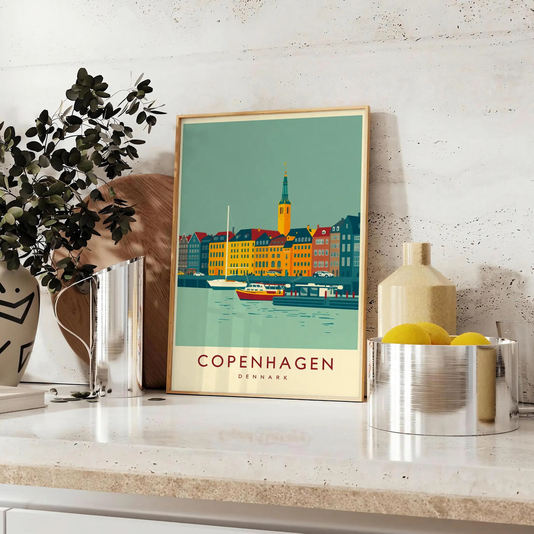 Manifesto vintage Art Déco Copenhagen in verde e grigio, illustrazione di viaggio