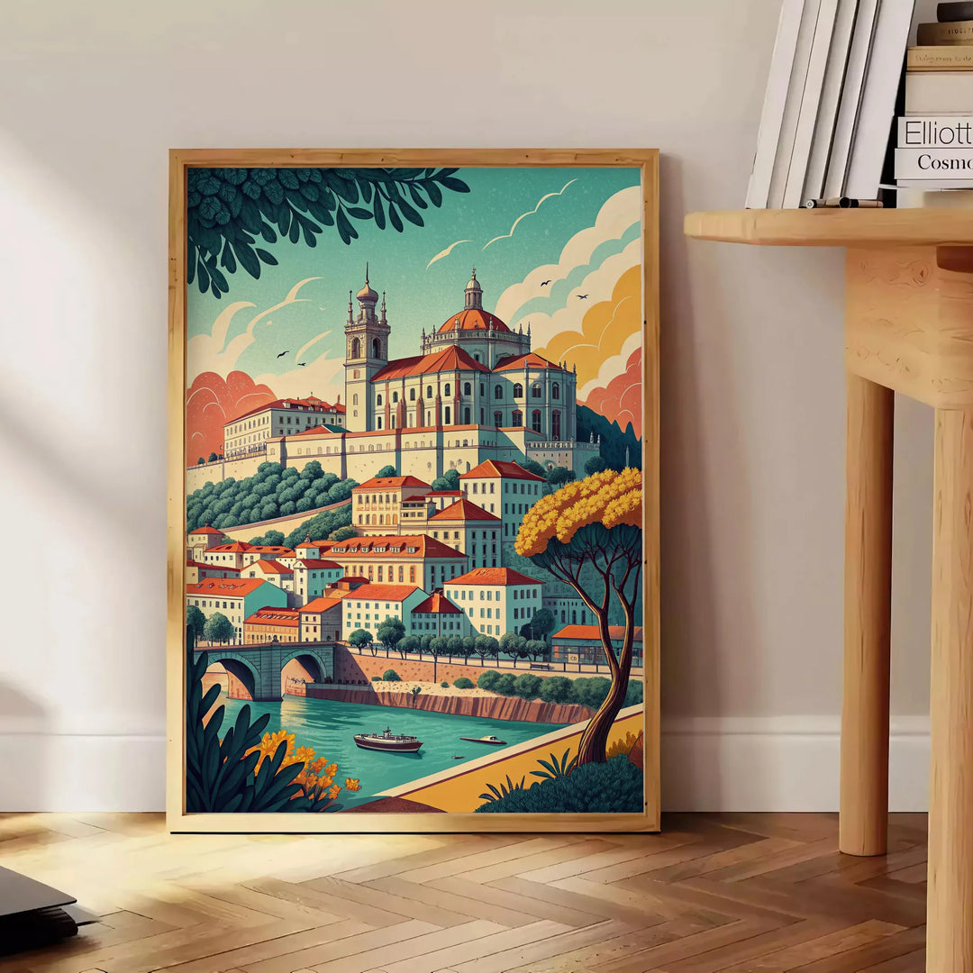 Poster Coimbra Portogallo Art Déco con veduta cittadina stilizzata grigio e marrone, vintage