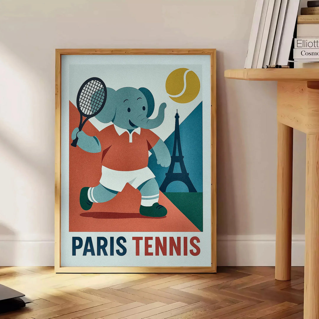 Πόστερ με ελέφαντα που παίζει τένις στην Παρίσι, σε ζωντανά πορτοκαλί και μπλε χρώματα, ιδανικό για τη διακόσμηση του παιδικο
