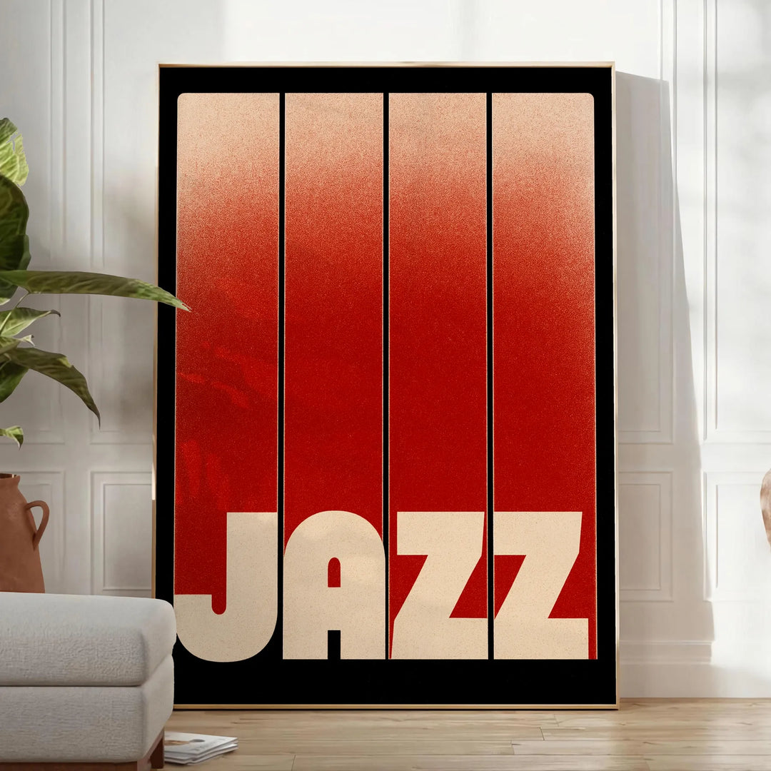 Affiche captivante thématique jazz tennis teintes marron rouge une touche artistique intérieur dimensions 30x40 unique parfaite passionnés sublimez décoration cadre