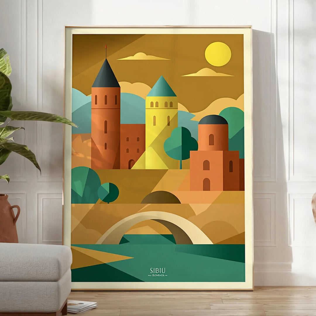 magnifique Affiche vintage Sibiu Roumanie art déco nuances chaudes orange marron murs œuvre originale mesure 50x70 30x40 occasion Acheter pièce unique intérieur disponible option