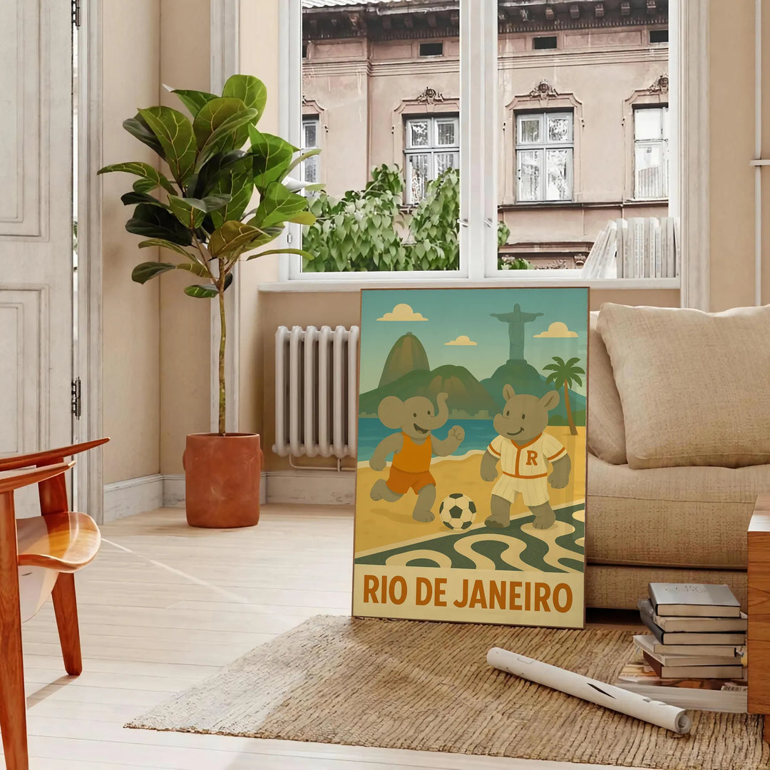 リオデジャネイロでサッカーを楽しむ子供の象とサイの楽しいポスター。50x70または30x40サイズで、グレーとグリーンの目を引くデザイン。