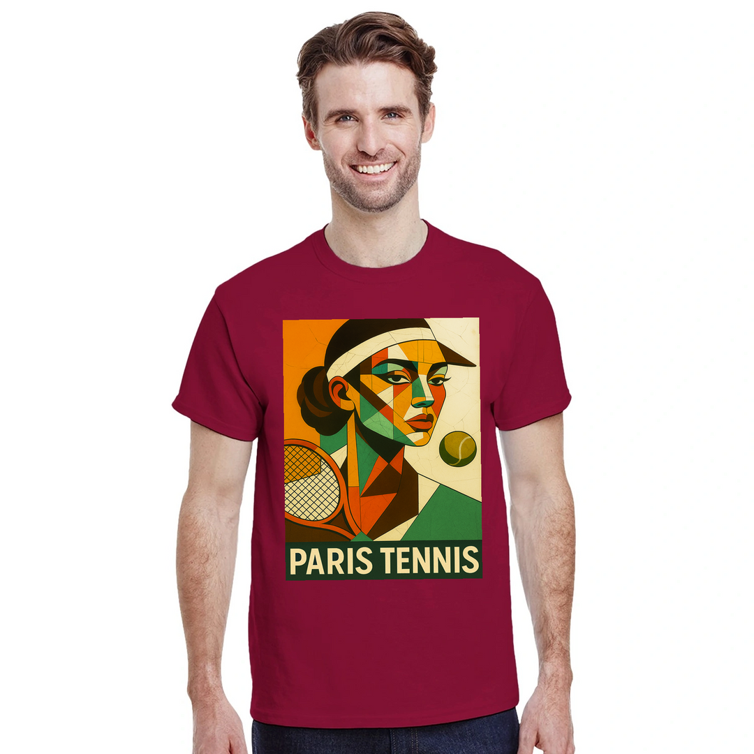 T-shirt wardrobe Paris Cubist Tennis T shirt unique tee art twist perfect sports enthusiasts lovers soft breathable fabric ideal casual occasion love Parisian style sizes available M L XL XXL