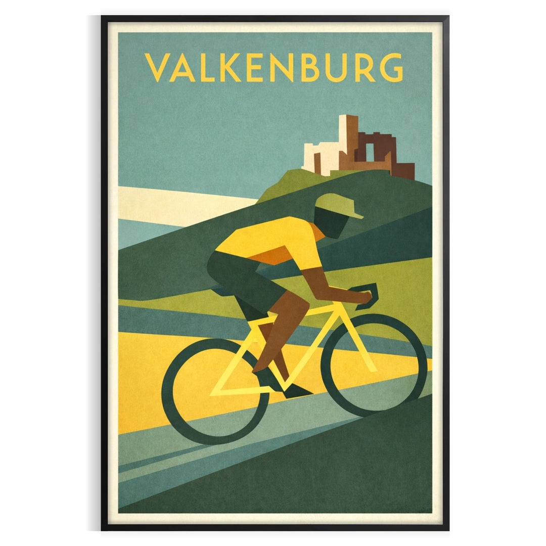 Póster de ciclismo Valkenburg, Países Baixos, em laranja e verde vibrante, ideal para amantes do ciclismo. Disponível em vári