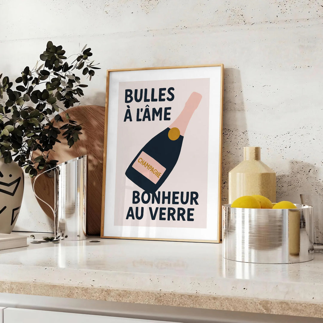 Pôster de Champagne para cozinha com tons elegantes de verde e preto, disponível em formatos 50x70 cm e 30x40 cm, emoldurado