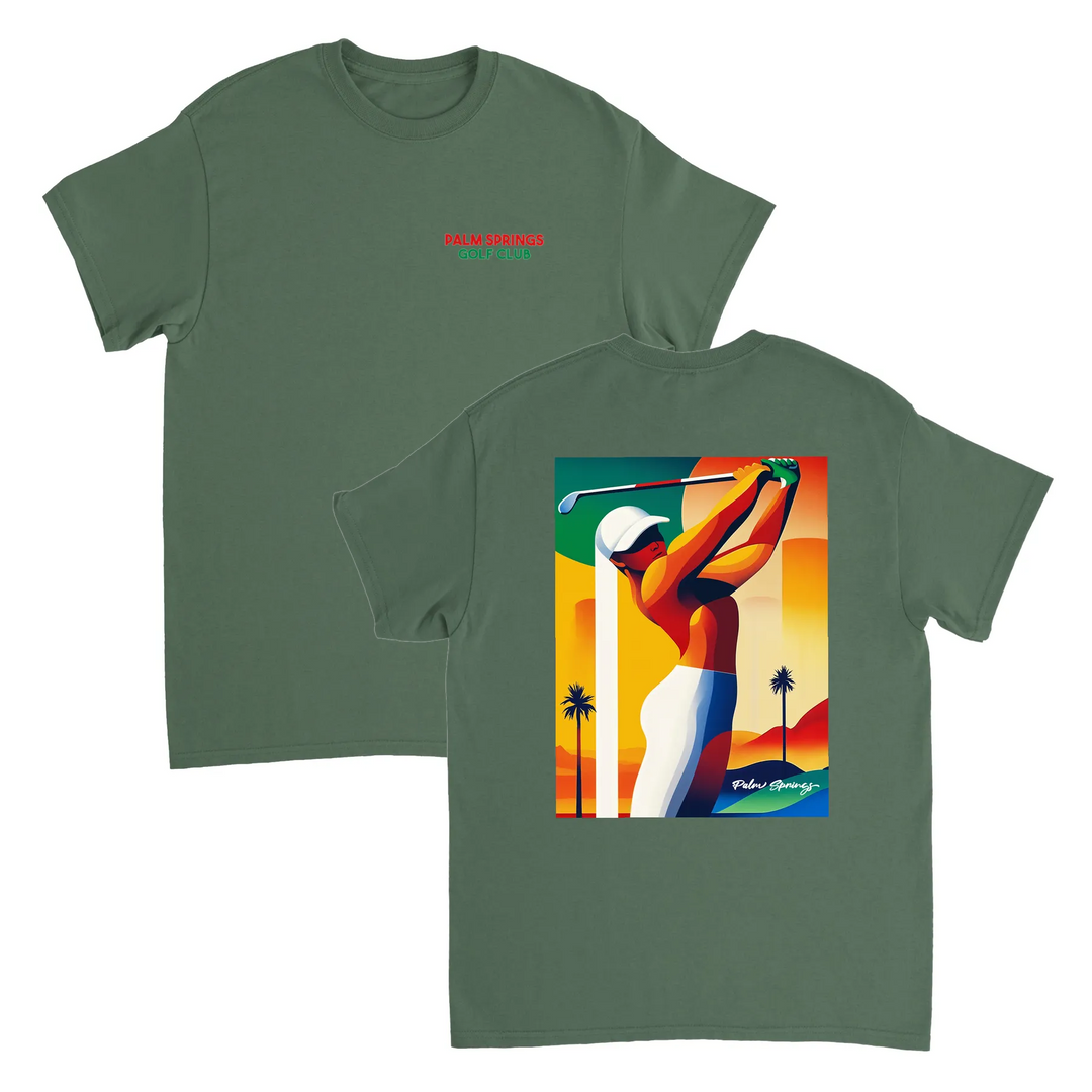 パームスプリングスゴルフTシャツは、明るいデザインが特徴で、ゴルフ場でも普段使いでも活躍する一枚です。サイズはSからXXLまで揃っています。