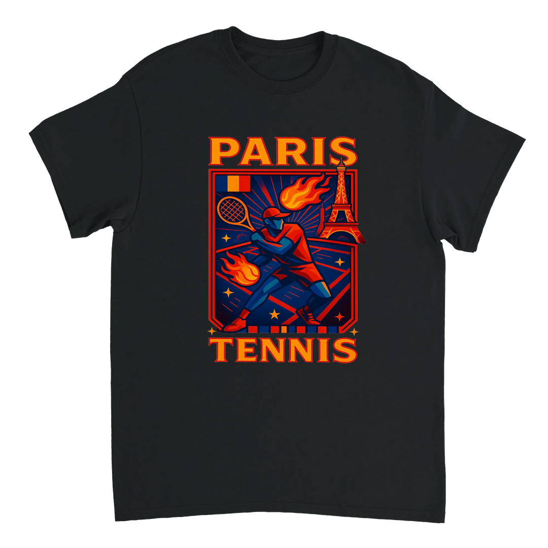 パリのヴィンテージカートゥーンテニスTシャツ。レトロなデザインが魅力的で、テニス愛好家にもファッション好きにもぴったりの一枚。