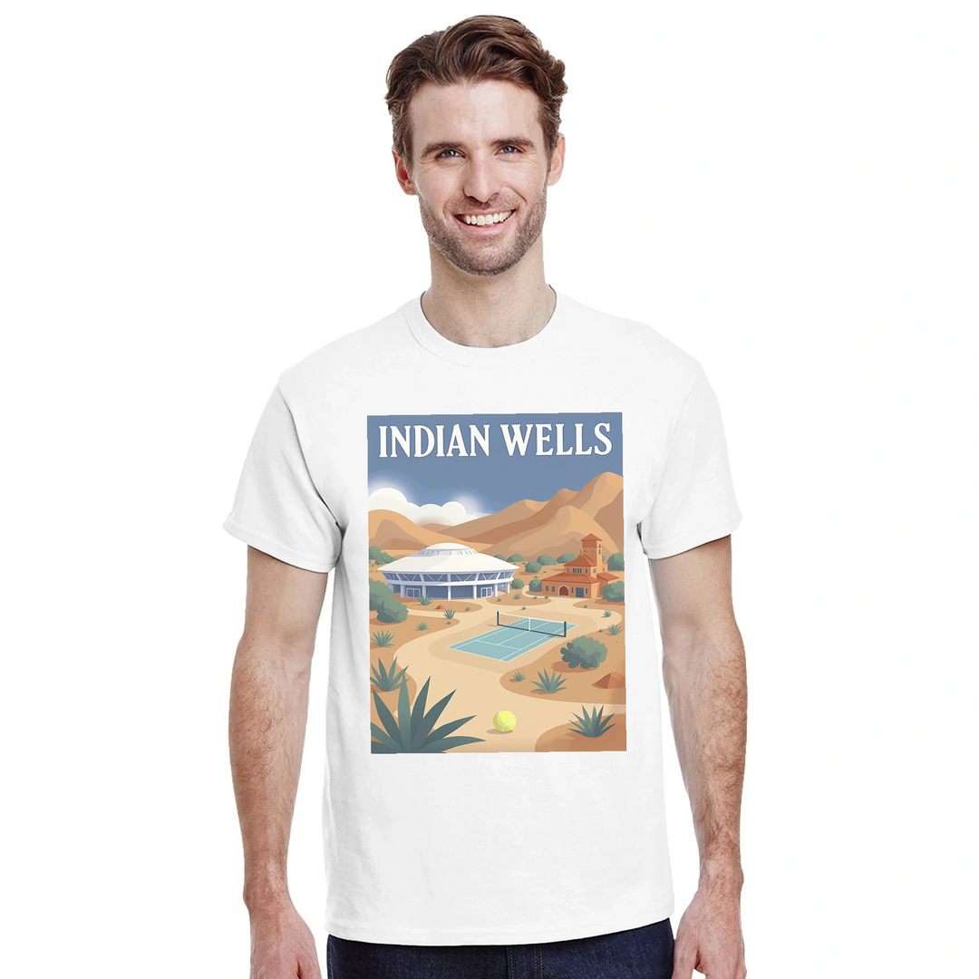インディアンウェルズのテニスを祝うTシャツ。アメリカのテニスイベントのファンに最適なスタイリッシュなデザイン。柔らかく通気性のあるコットン素材で快適さを提供します。