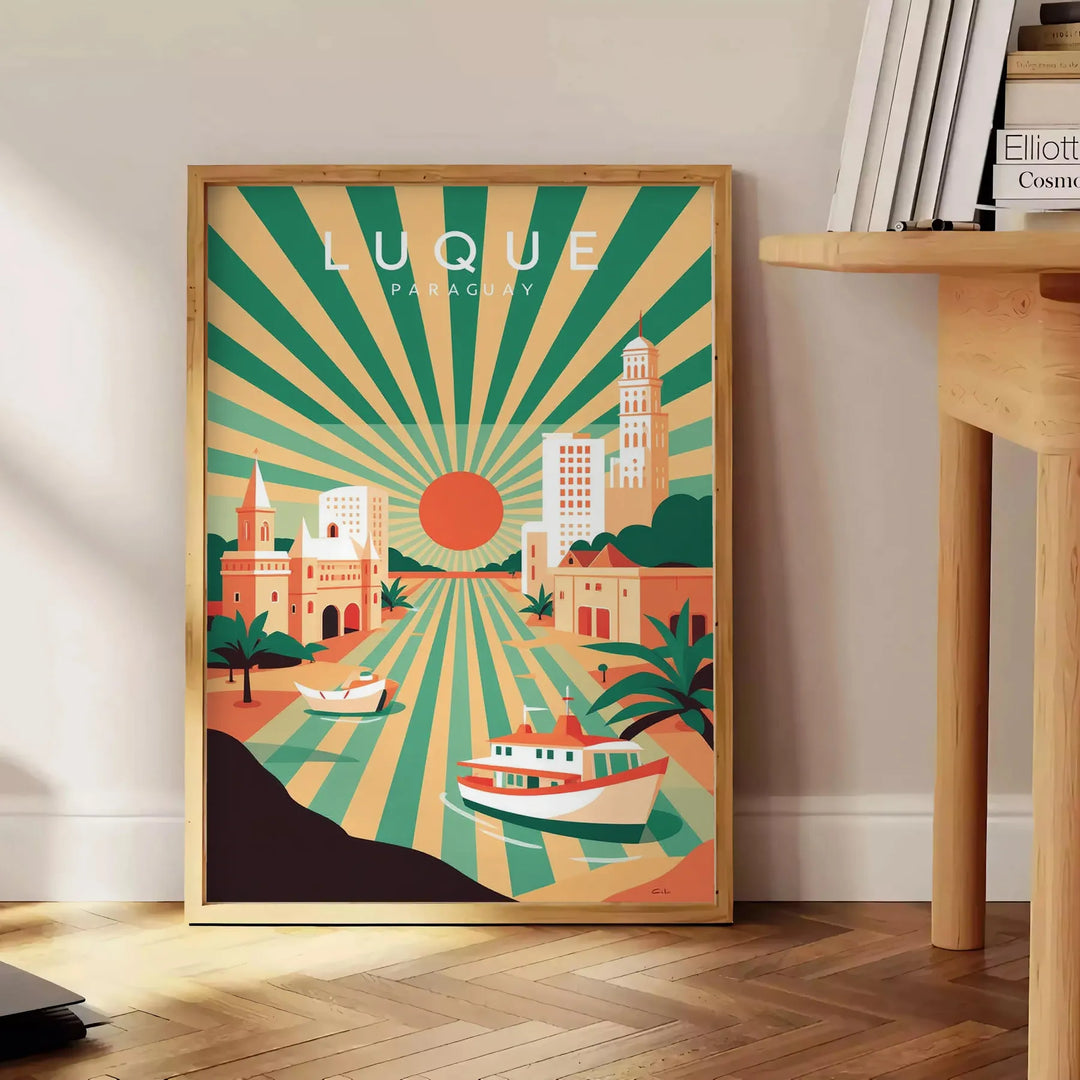 vibrant charm Luque Paraguay Art Déco vintage poster warm hues orange brown stunning piece essence classic design space decor timeless addition home available
