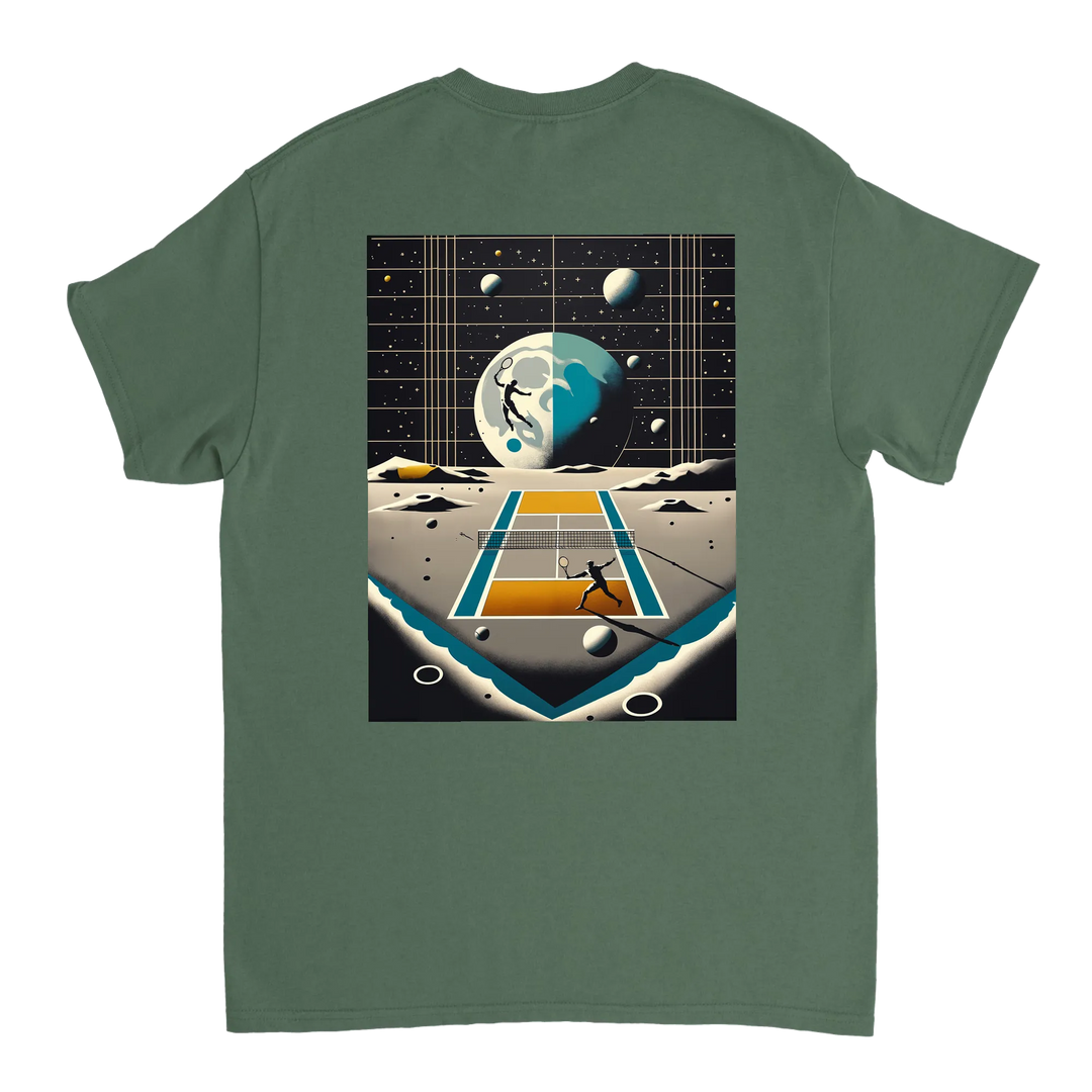 T-shirt Tennis Moon, design unico per appassionati di tennis e amanti delle stelle, realizzato in 100% cotone per il massimo