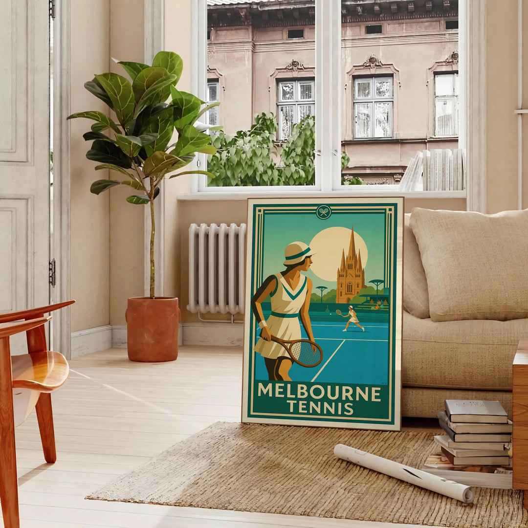 Póster de tenis de Melbourne en tonos marrones y verdes, disponible en tamaños de 50x70 cm y 30x40 cm. Perfecto para decorar