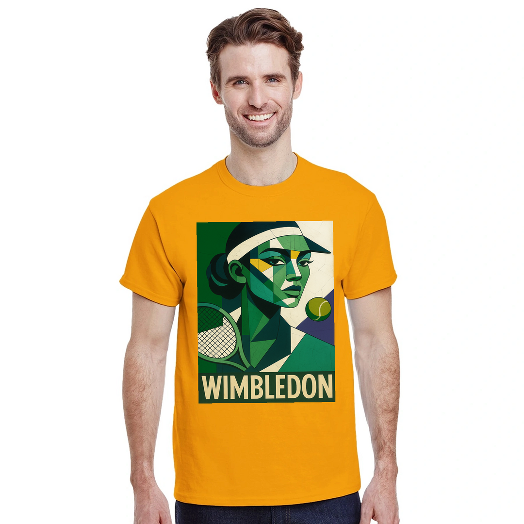 ウィンブルドン・キュビスト・テニスTシャツ。ユニークなキュビズムデザインが特徴で、テニス愛好者にもファッション好きにも最適なアイテム。サイズはS、M、L、XL、XXLがあります。