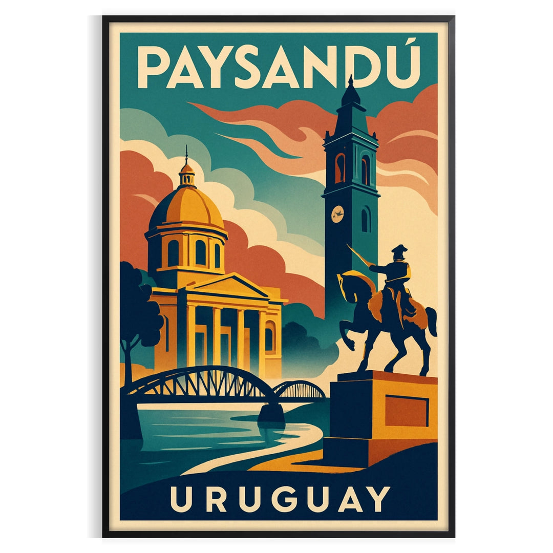 Vintage Art Déco Paysandú Uruguay poster with orange and green geometric design