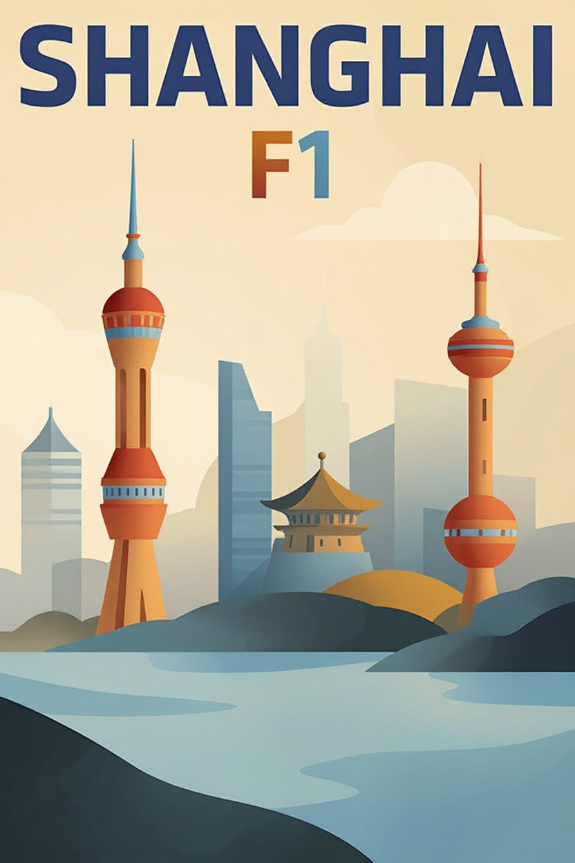 Vibrant Shanghai F1 poster featuring iconic skyline and race details