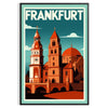 Plakat w stylu Art Déco przedstawiający Frankfurt, Niemcy, w intensywnych czerwonych i pomarańczowych odcieniach, idealny do