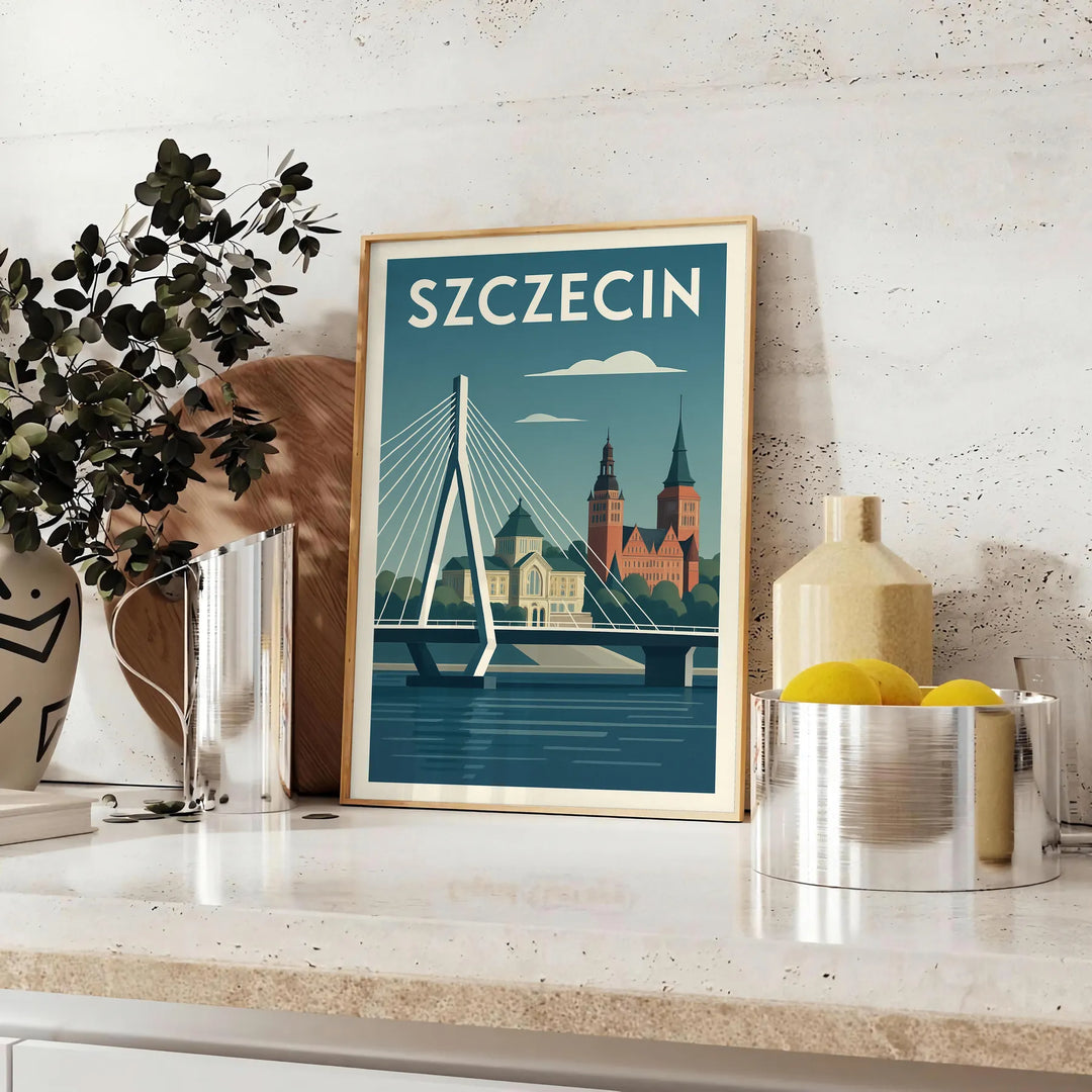 Poster of Szczecin city skyline artwork in orange and green tones
