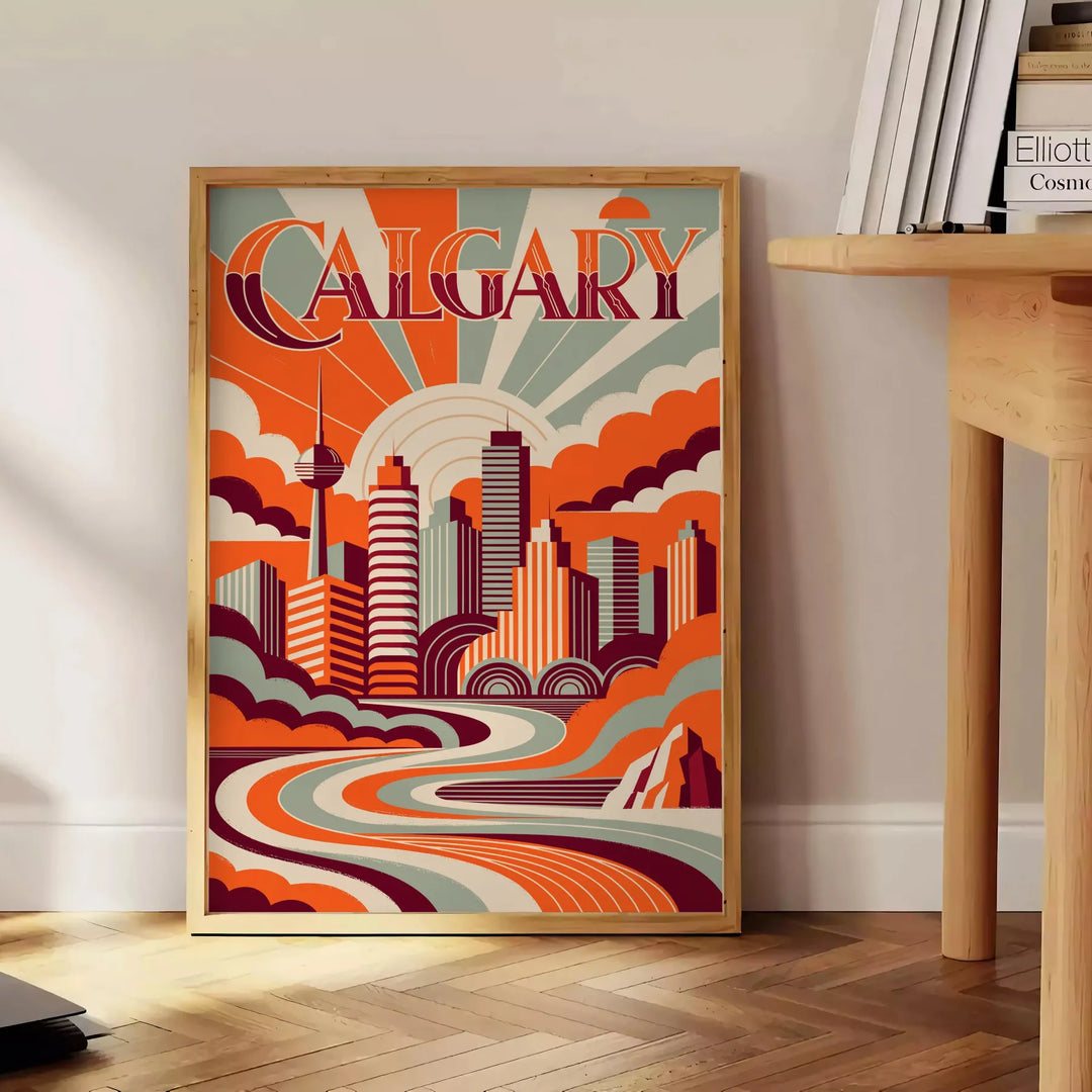 Poster Art Deco Calgary con colori arancione e verde, veduta cittadina