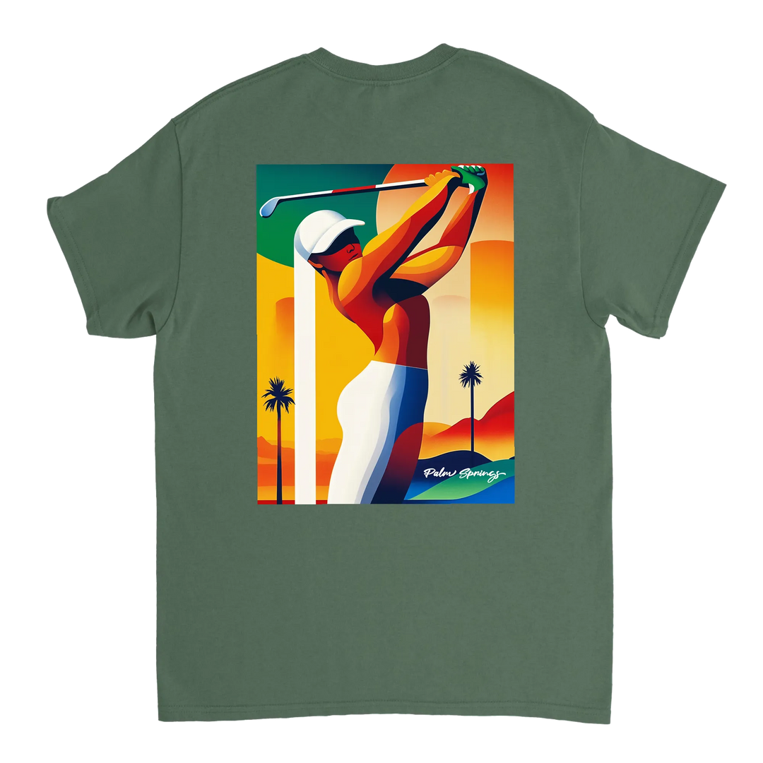 パームスプリングスゴルフTシャツは、明るいデザインが特徴で、ゴルフ場でも普段使いでも活躍する一枚です。サイズはSからXXLまで揃っています。