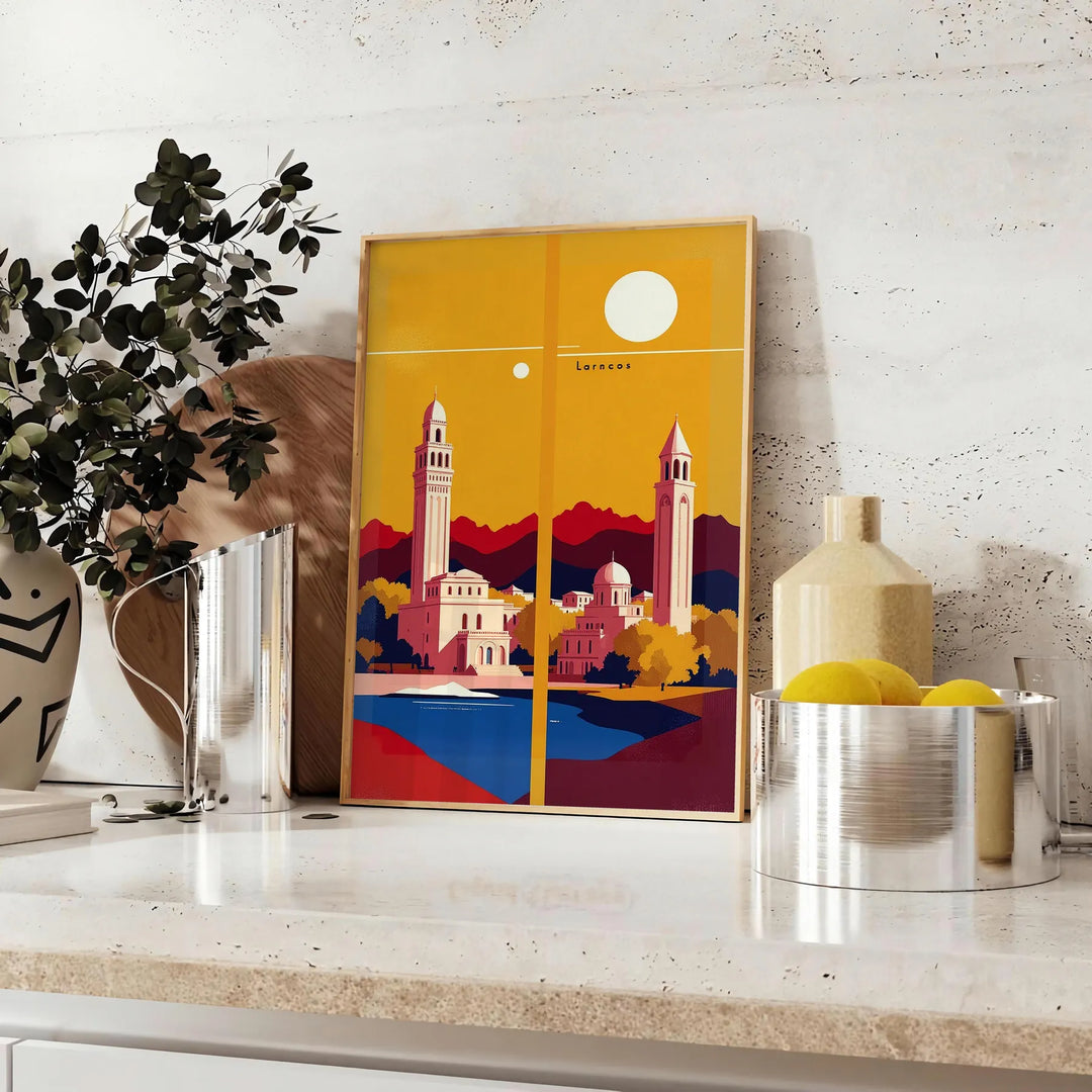 Affiche vintage Art Déco Larnaca Chypre en tons orange et rouge