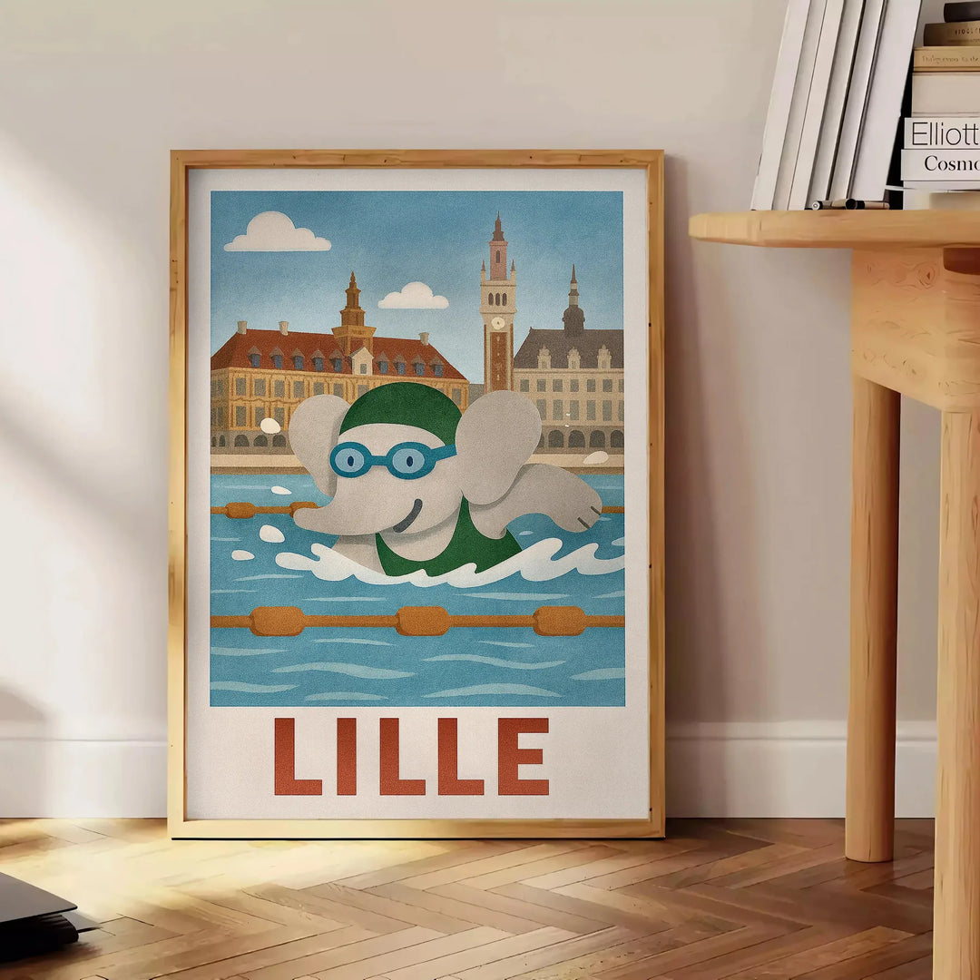 Πόστερ με ελέφαντα που κολυμπάει για παιδιά, σε παιχνιδιάρικες αποχρώσεις μπλε και γκρι, ιδανικό για φωτισμό του δωματίου