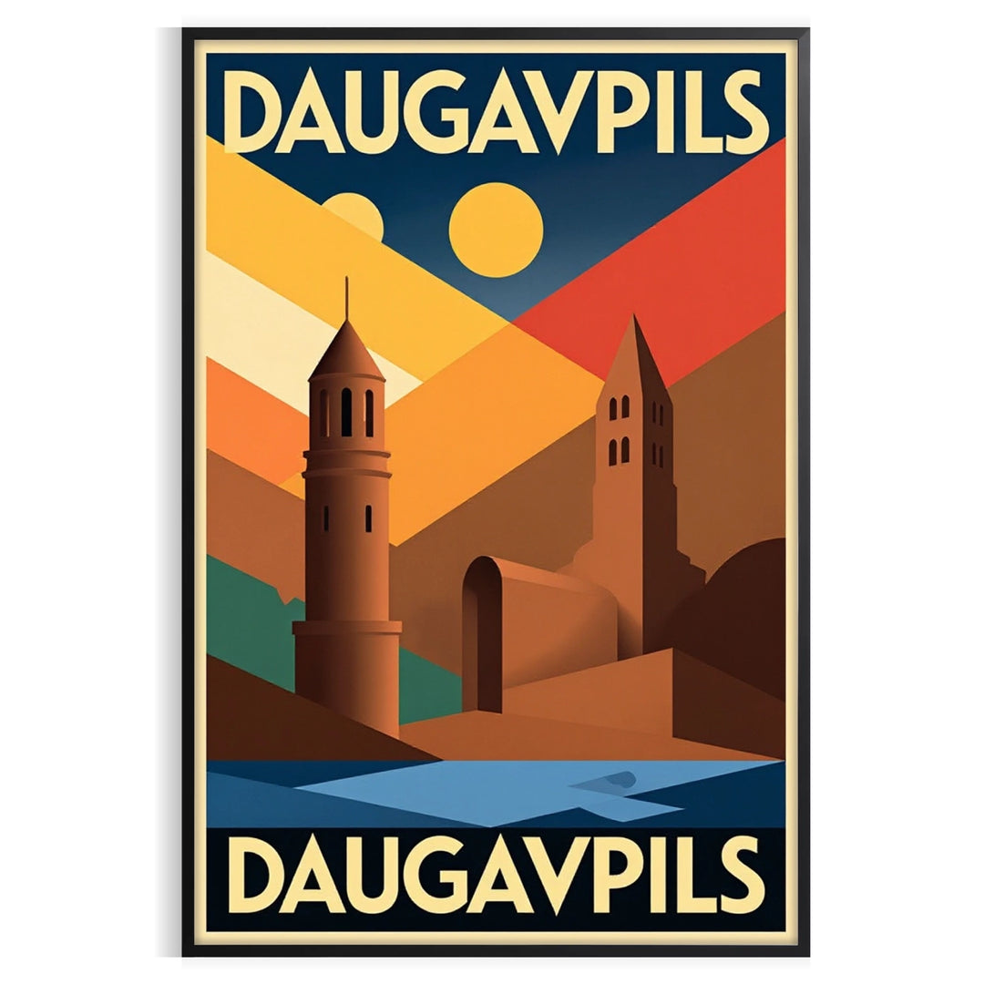 space stunning Daugavpils Latvia vintage travel poster striking Art Deco design bold orange black hues enthusiasts lovers essence wanderlust decor sizes A4 cm A0