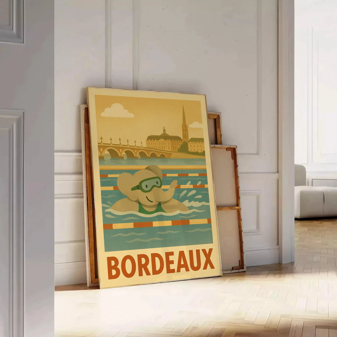 Bordeaux bērnu peldējoša ziloņa plakāts ar pelēkiem un zaļiem toņiem, ideāli piemērots bērnistabām un spēļu istabām. Pieejams