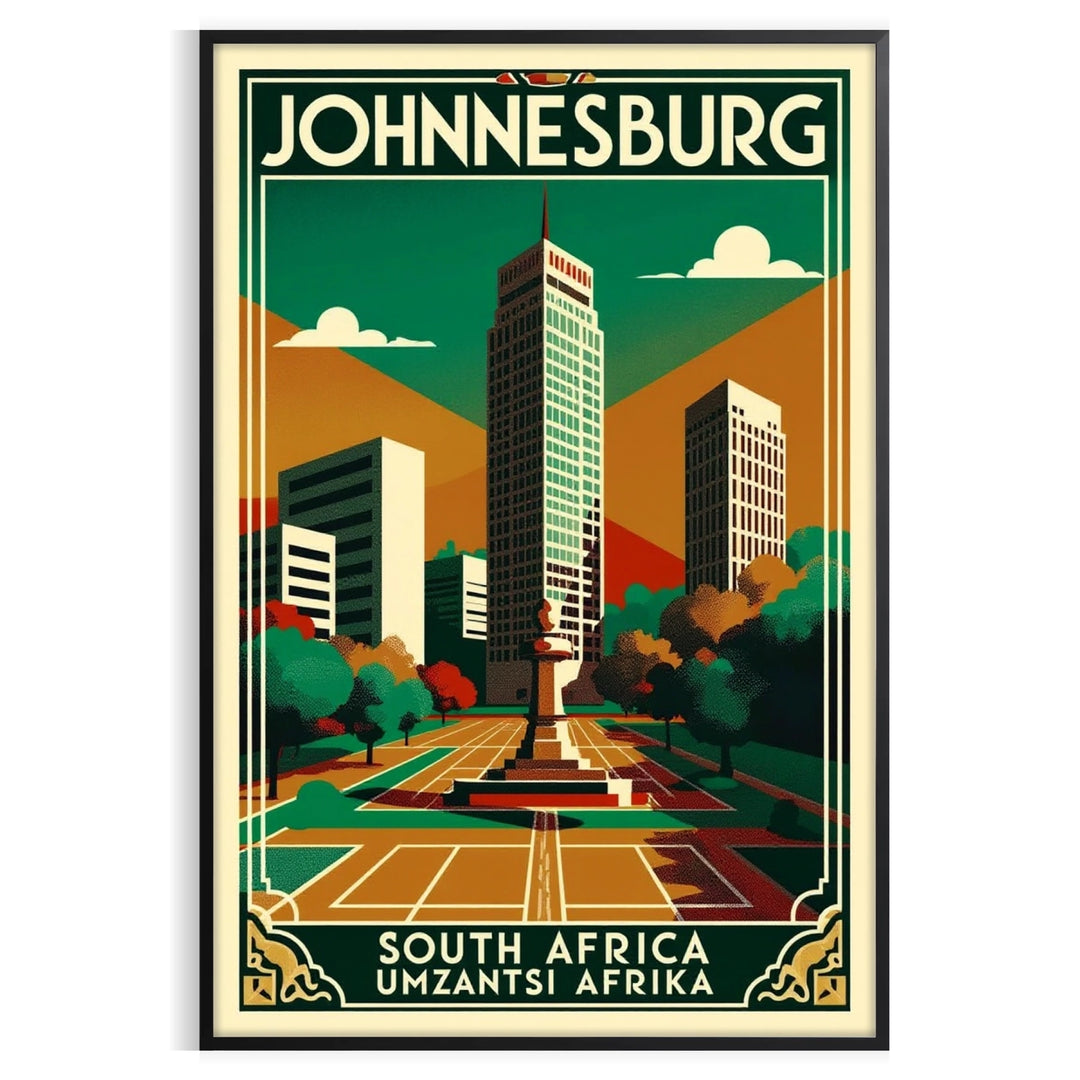 charm Johannesburg vintage travel poster stunning Art Deco designs sophisticated gray brown hues decor essence South Africa vibrant history space unframed options perfect look