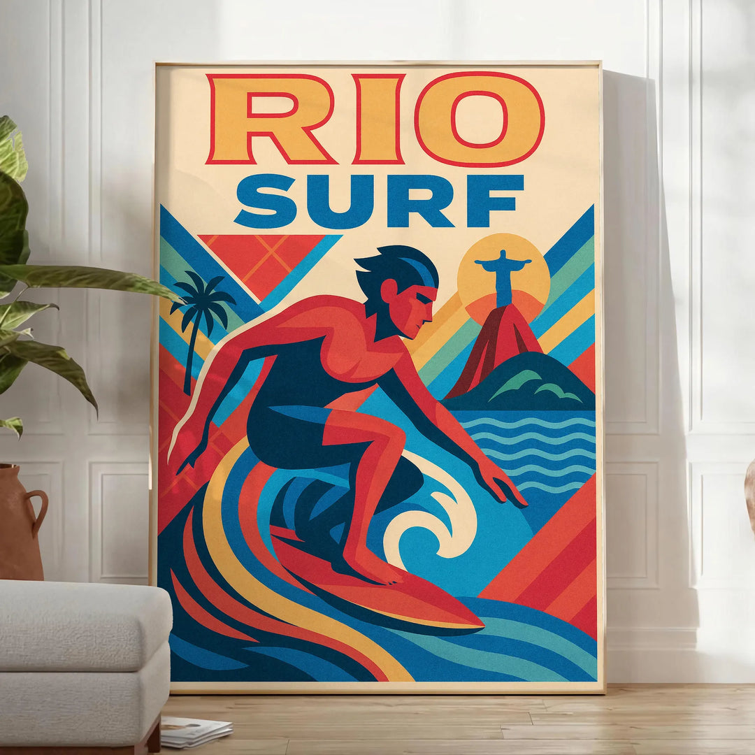 Rio Surf Vintage plakāts ar brūniem un ziliem toņiem, ideāls papildinājums sērfošanas entuziastu interjeram, izmēri 50x70 vai