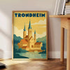 Poster vintage Art Déco Trondheim Norvegia con grafiche verdi e gialle
