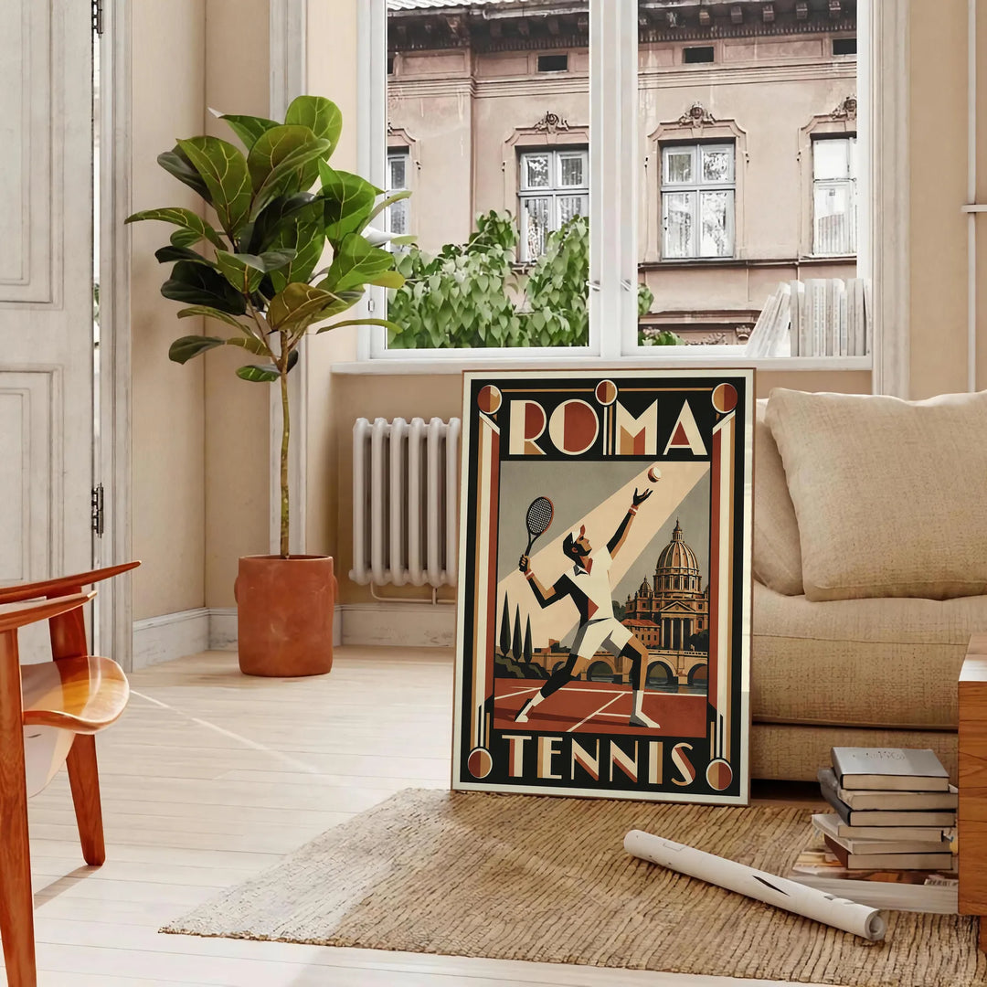 Stilvolles Roma Tennis Poster in Schwarz und Grau, perfekt für Sportliebhaber und Kunstfreunde. Erhältlich in verschiedenen G