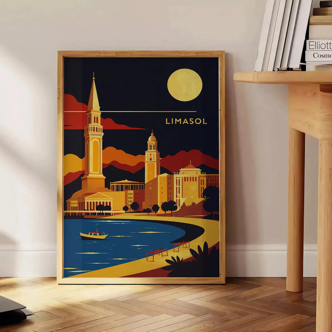 Plakat w stylu Art Déco przedstawiający urok Limassol na Cyprze, w intensywnych odcieniach pomarańczowego i czarnego, dostępn