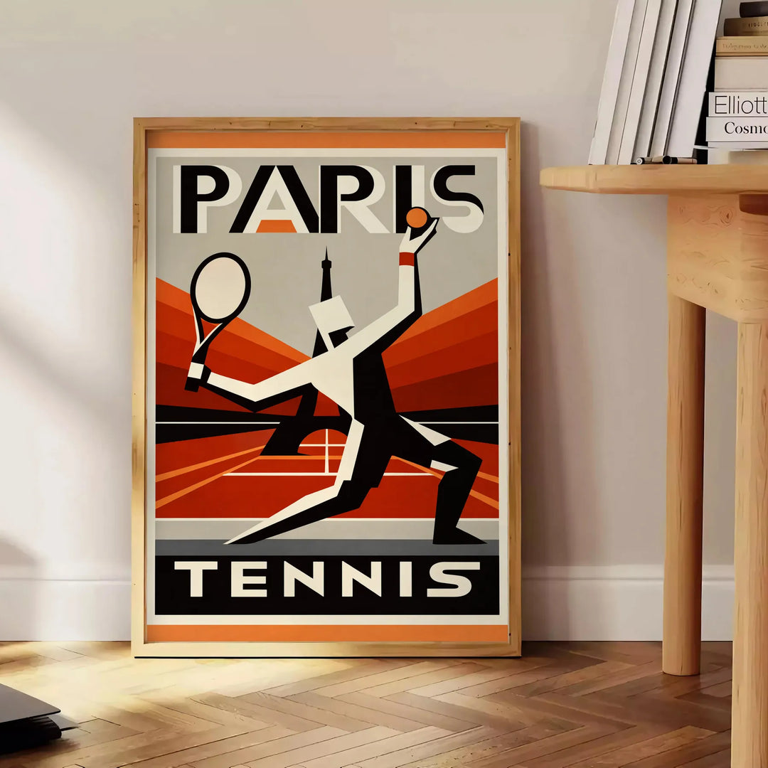 Póster de tenis de París, Francia, con vibrantes tonos rojos y verdes, ideal para amantes del deporte. Disponible en tamaños