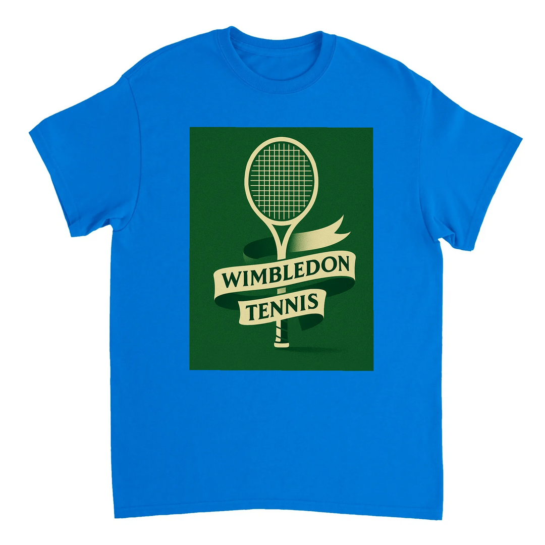 ウィンブルドンを祝うテニステーマのTシャツ。快適で耐久性に優れたデザインで、スポーツ愛好者必見のアイテム。サイズ展開: S, M, L, XL, XXL。