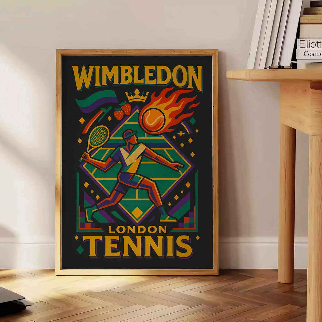 ウィンブルドンのビンテージカートゥーンテニスポスター。鮮やかな緑と紫の配色で、テニスの楽しさを表現したデザイン。スポーツ愛好家やアートファンに最適。サイズはA4、30x40cm、50x70cm、60x80cm、A0から選べます。