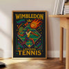 ウィンブルドンのビンテージカートゥーンテニスポスター。鮮やかな緑と紫の配色で、テニスの楽しさを表現したデザイン。スポーツ愛好家やアートファンに最適。サイズはA4、30x40cm、50x70cm、60x80cm、A0から選べます。
