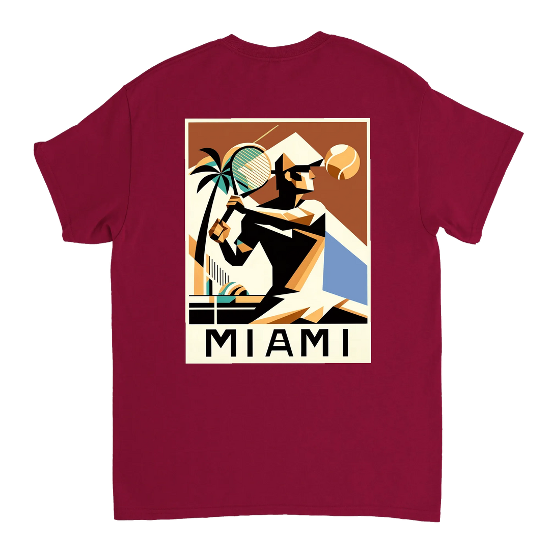T-shirt Miami Tennis: design vibrante che cattura lo spirito energetico del tennis a Miami, in cotone morbido e traspirante p