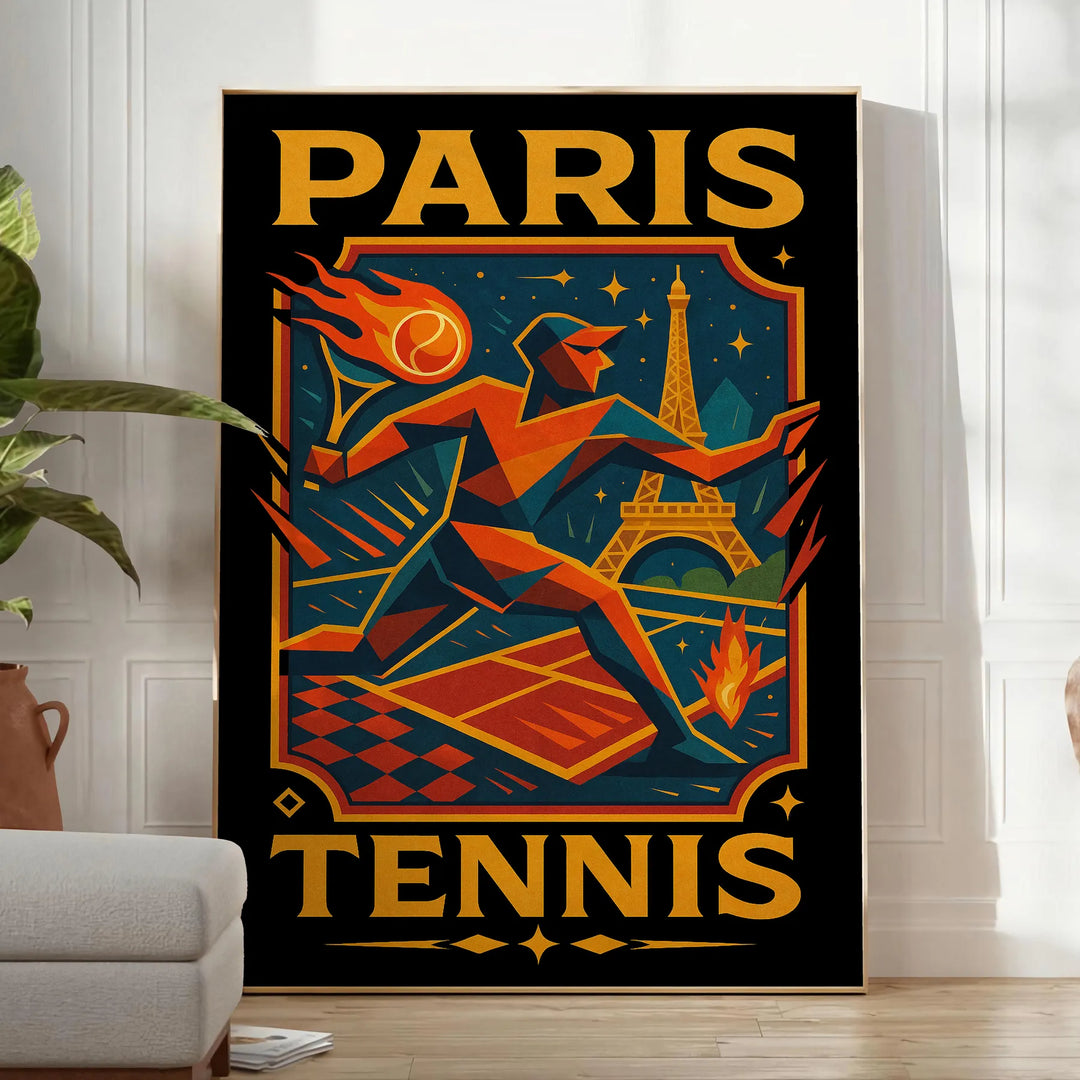 Plakat w stylu vintage przedstawiający tenis w Paryżu, idealny dla miłośników sportu i sztuki, w odcieniach szaro-niebieskich