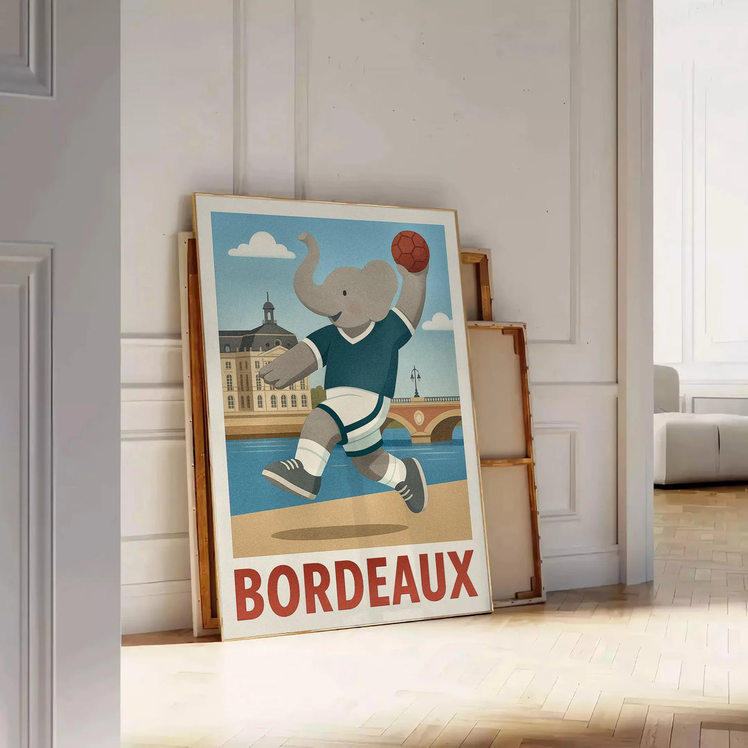 Póster de elefante jugando balonmano en tonos azules y grises, ideal para la habitación de los niños, disponible en 50x70 o 3