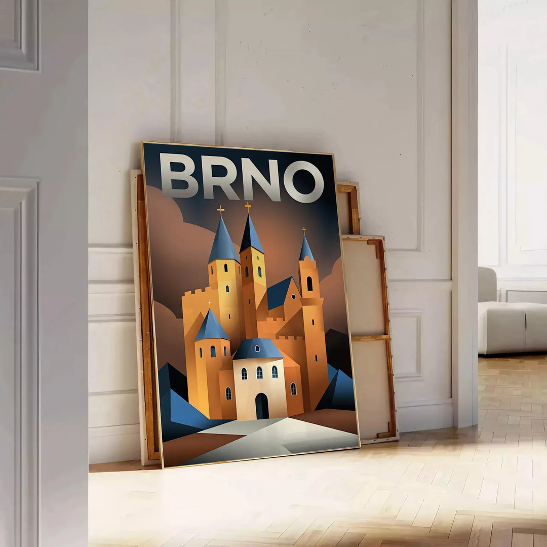 Plakat Art D e9co przedstawiający urok Brna w Czechach, w zielono-pomarańczowej kolorystyce. Idealny do każdego wnętrza