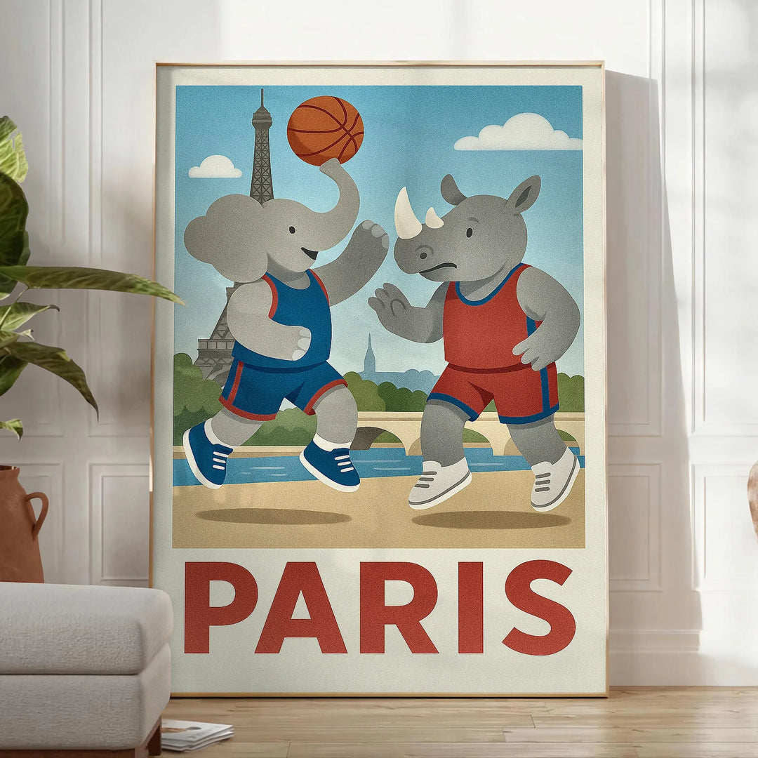 Vintage αφίσα μπάσκετ με έναν παιχνιδιάρη ελέφαντα και ρινόκερο σε παραρισινό περιβάλλον, ιδανική για τη συλλογή σου