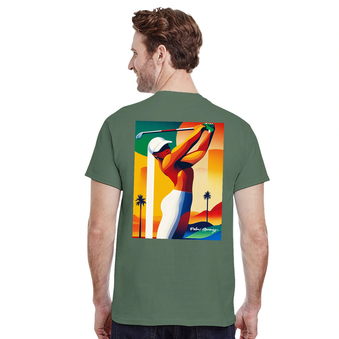 パームスプリングスゴルフTシャツは、明るいデザインが特徴で、ゴルフ場でも普段使いでも活躍する一枚です。サイズはSからXXLまで揃っています。