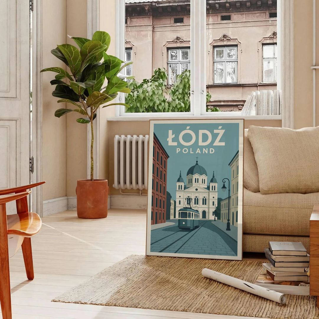 Łódź cityscape poster in orange and green, modern minimalist graphic print