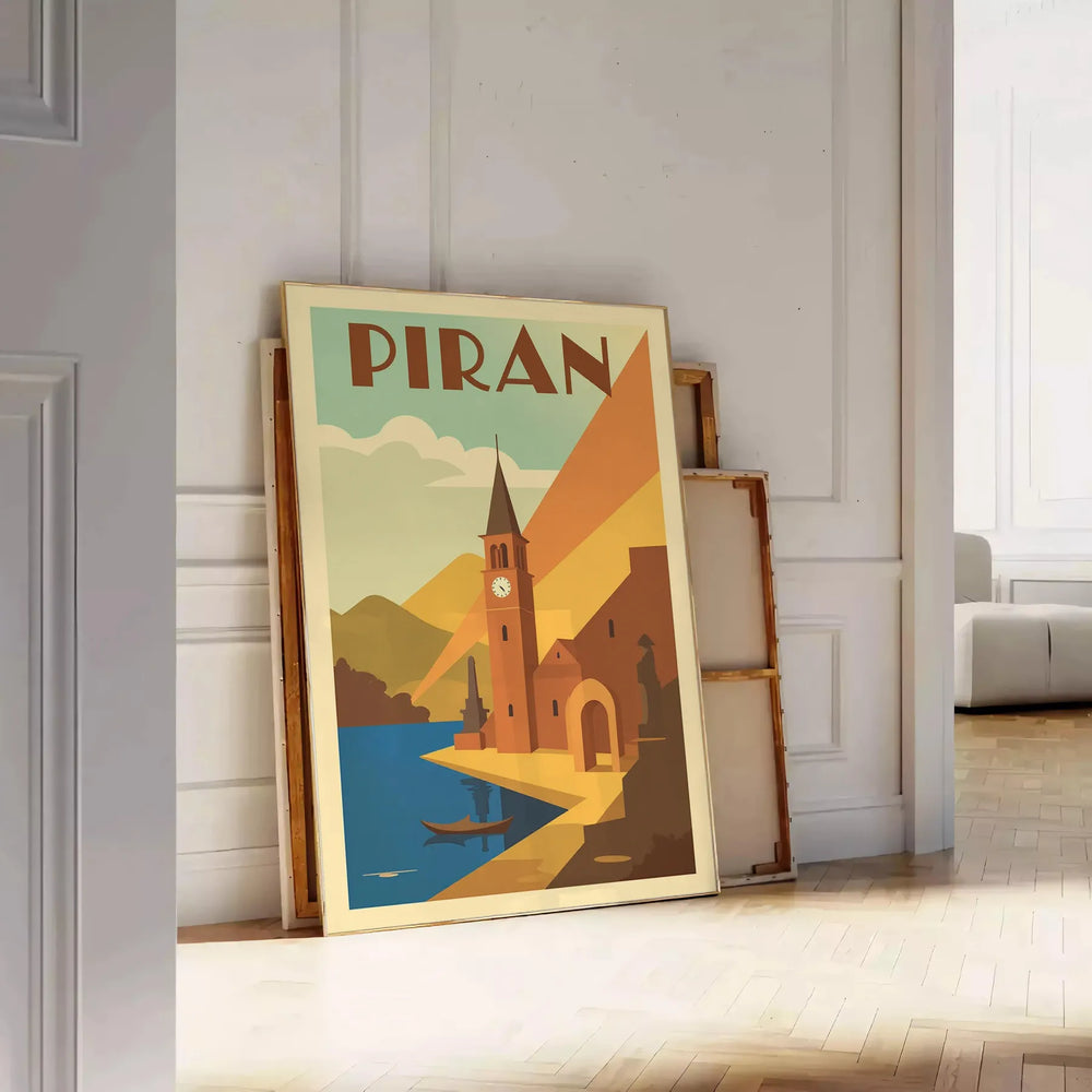 space stunning Piran Slovenia vintage travel poster vibrant orange blue hues charming Art Deco style enthusiasts artwork beauty today dimensions A4 cm A0