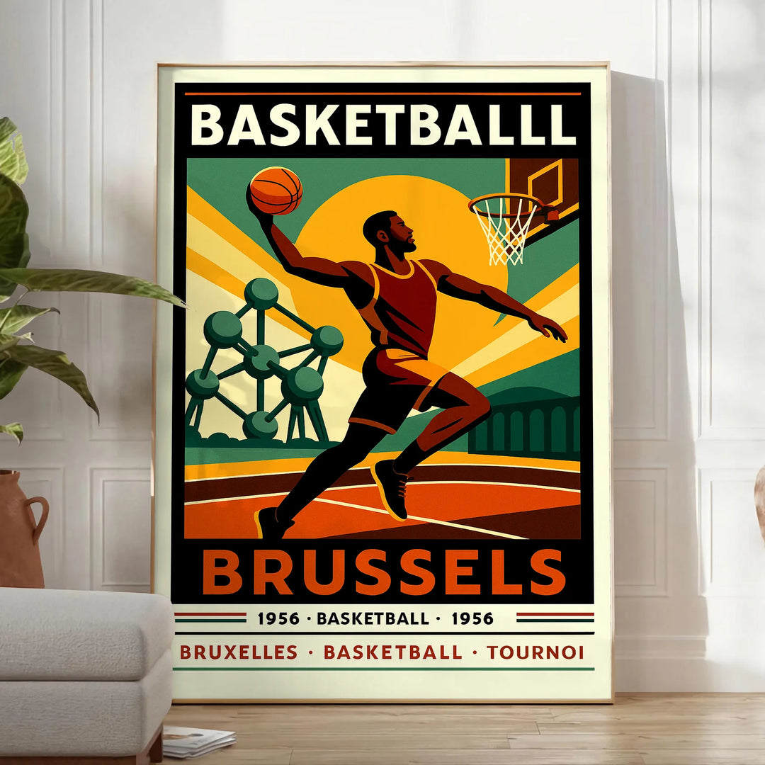 Vintage Basketball Poster im Art Deco Stil mit dem ikonischen Brussels 13, erhältlich in 50x70 oder 30x40. Perfekt für Basket