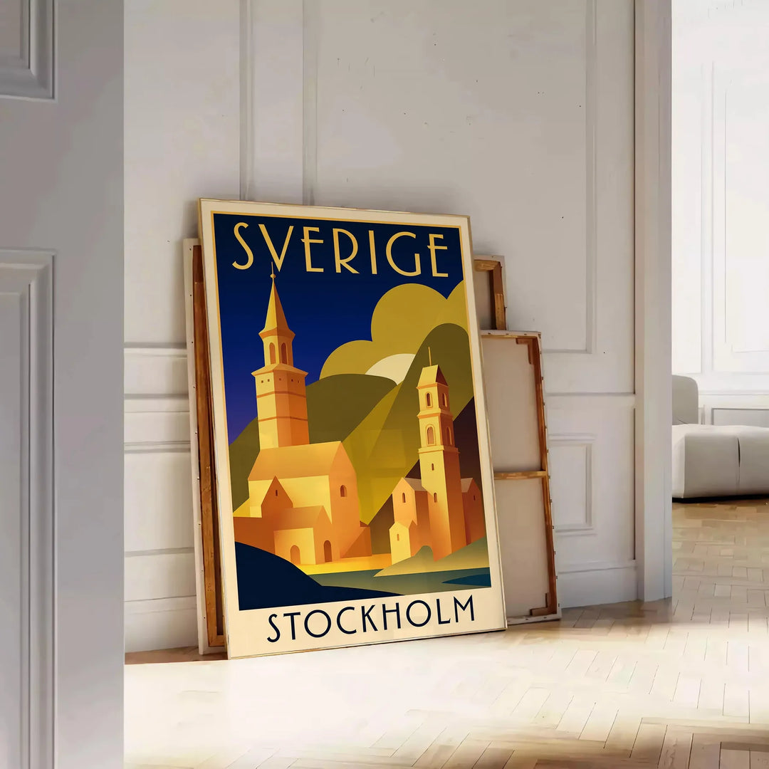Vintage Reiseplakat von Stockholm, Schweden im Art Deco Stil, mit auffälligen Schwarz- und Rottönen, erhältlich in verschiede
