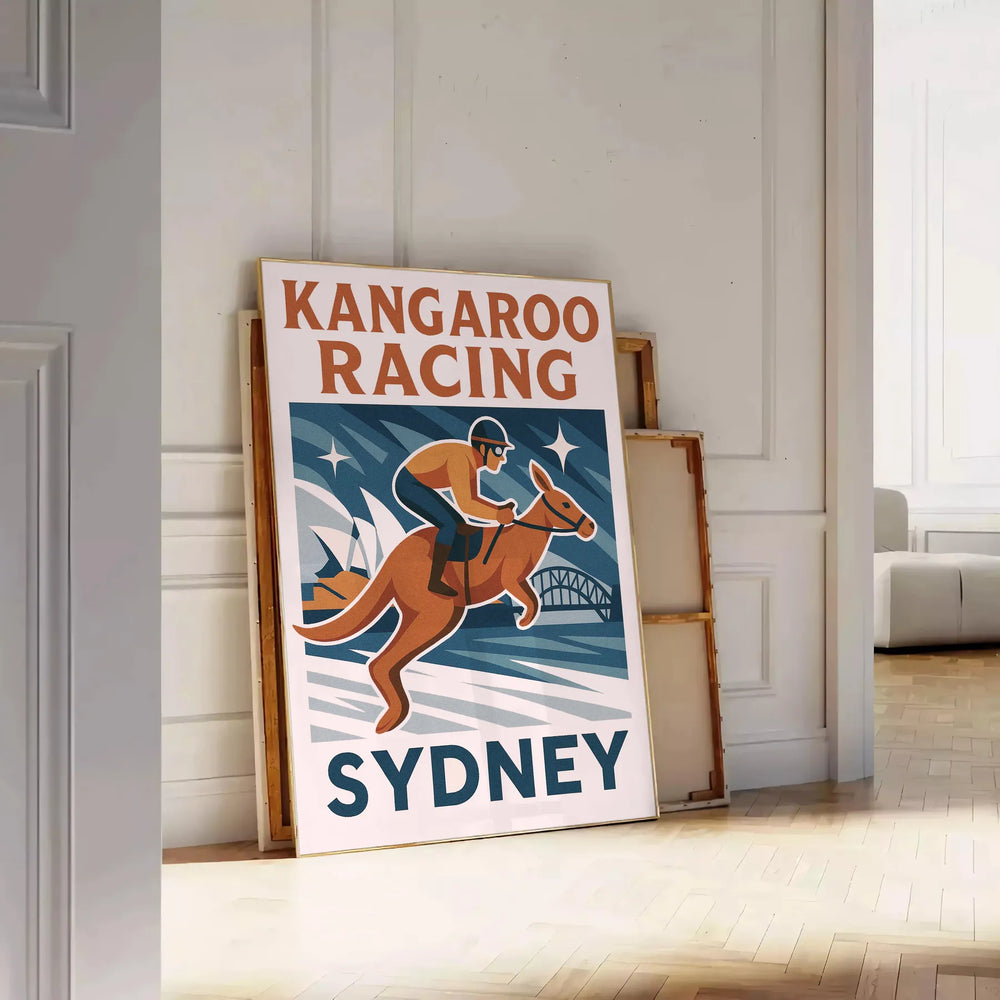 space vibrant kangaroo Sydney poster orange white hues eye artwork perfect animal lovers sports enthusiasts decor available A4 cm A0