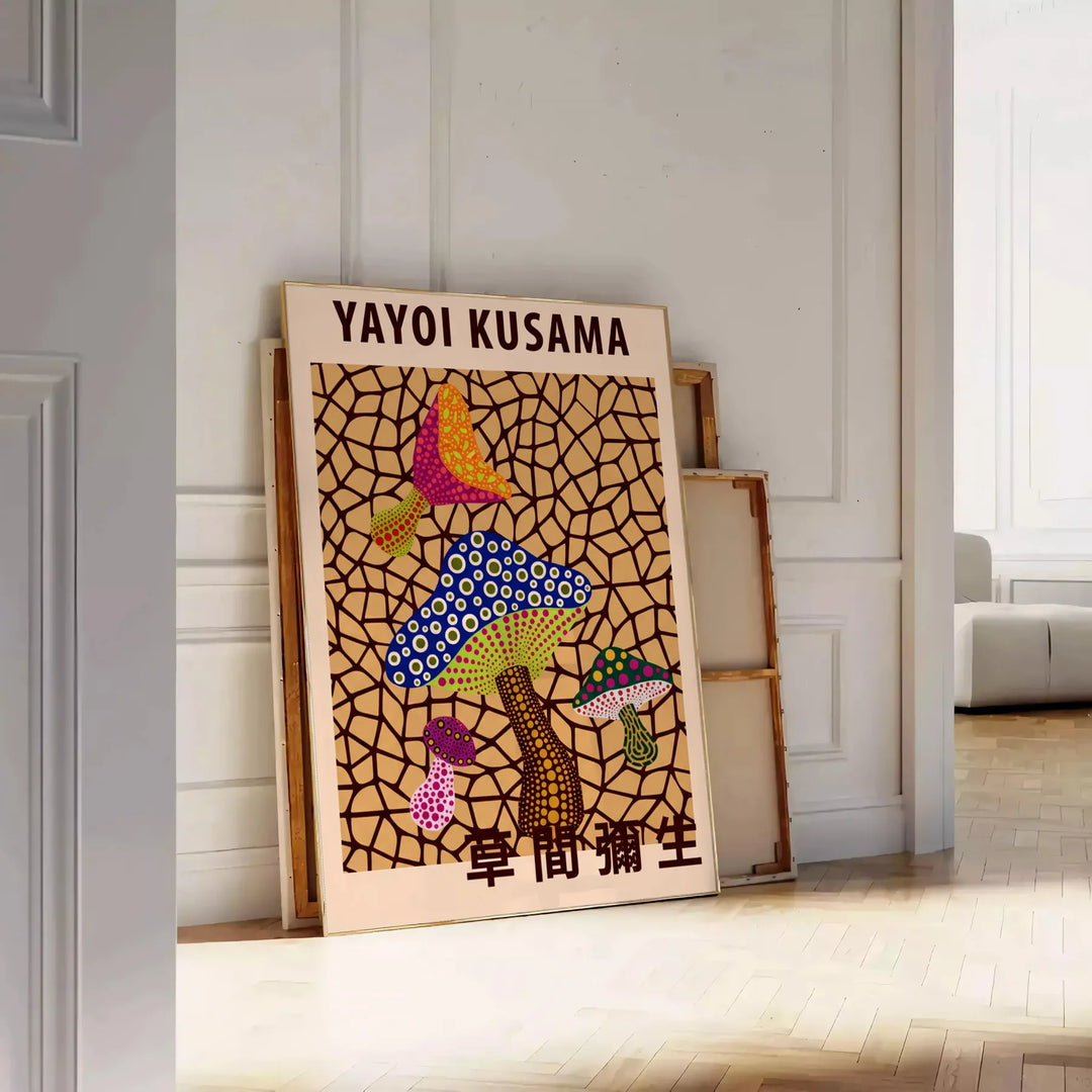 Krāsains sēņu plakāts, iedvesmots no Yayoi Kusama, pieejams dažādos izmēros, lieliski piemērots mājas dekoram