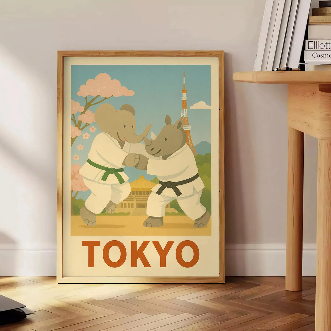 charming kid elephant rhinoceros judo poster perfect child room delightful gray green hues cm piece playful touch decor space unique artwork A4 A0